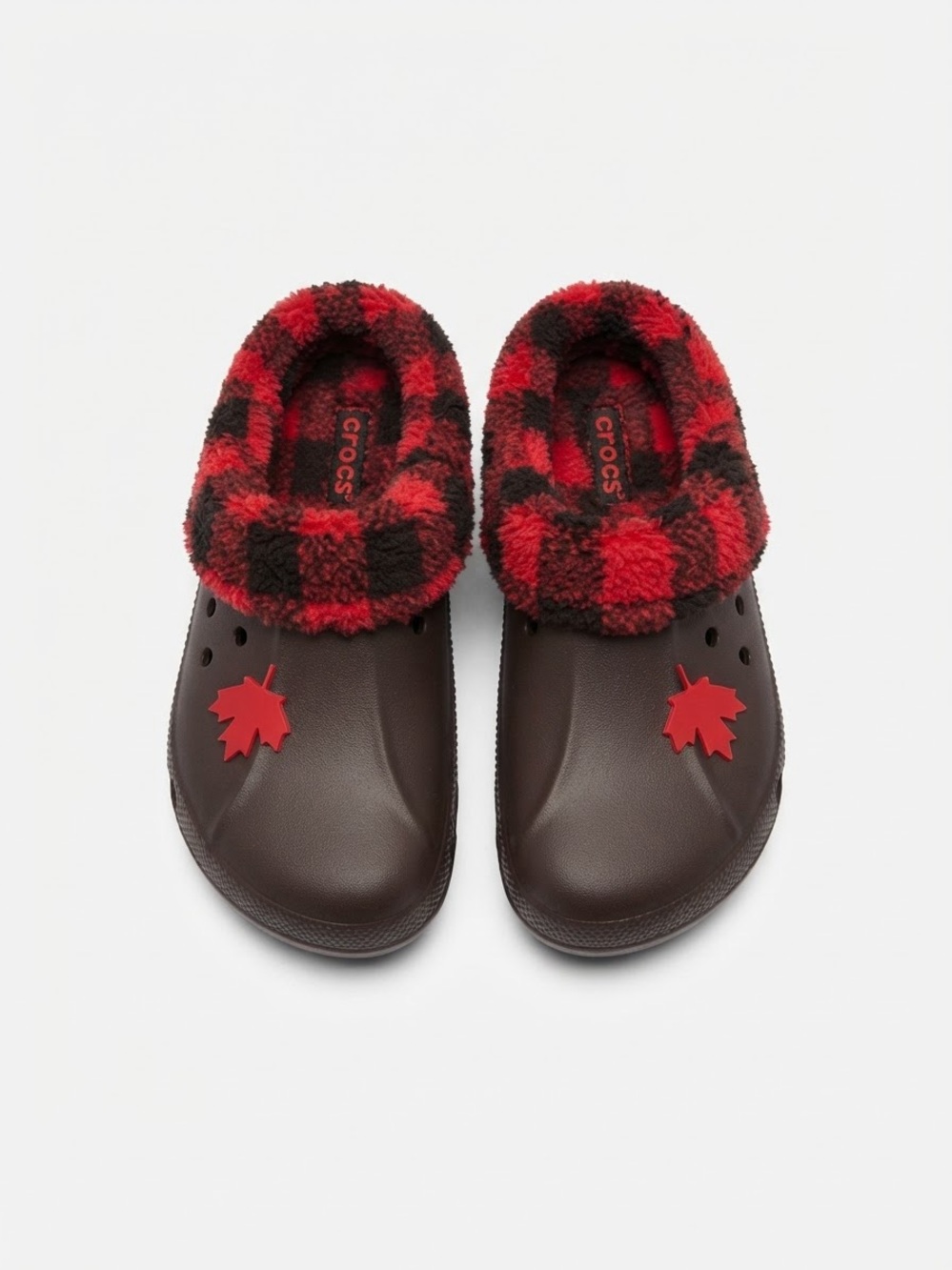 CROCS Kids Brown Clog with Red Plaid Fleece Lining